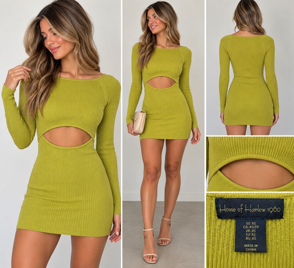House of Harlow 1960 Ribbed Cutout Mini Dress – XS – Olive/Chartreuse
